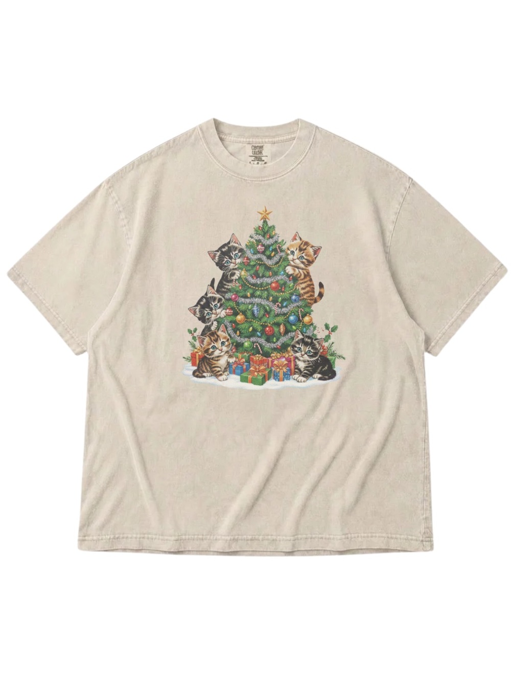 Comfort Colors Ivory Short-Sleeve Tee with Kitten Christmas Tree Graphic